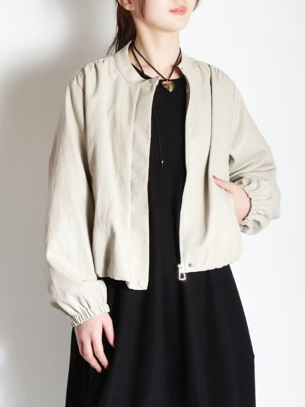 ノーカラーフェイクレザーブルゾン