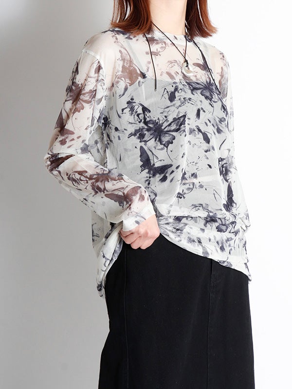 バタフライ柄シアートップス | COQULE Online Shop